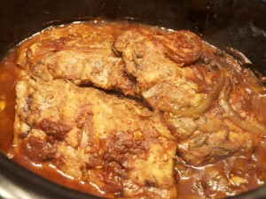 Cooked spare ribs in the crock pot