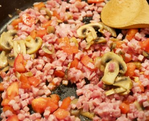 mushrooms, tomatoes, ham saute
