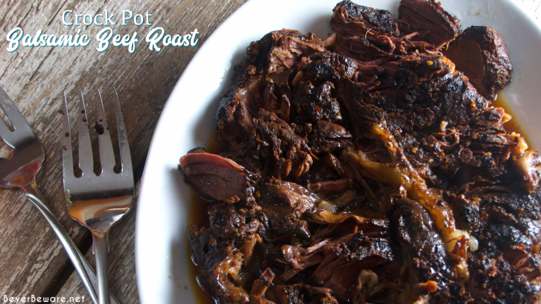 Crock Pot balsamic beef roast recipe combines balsamic vinegar with honey and red peppers over a beef roast for a tender and juicy slow cooker beef roast.