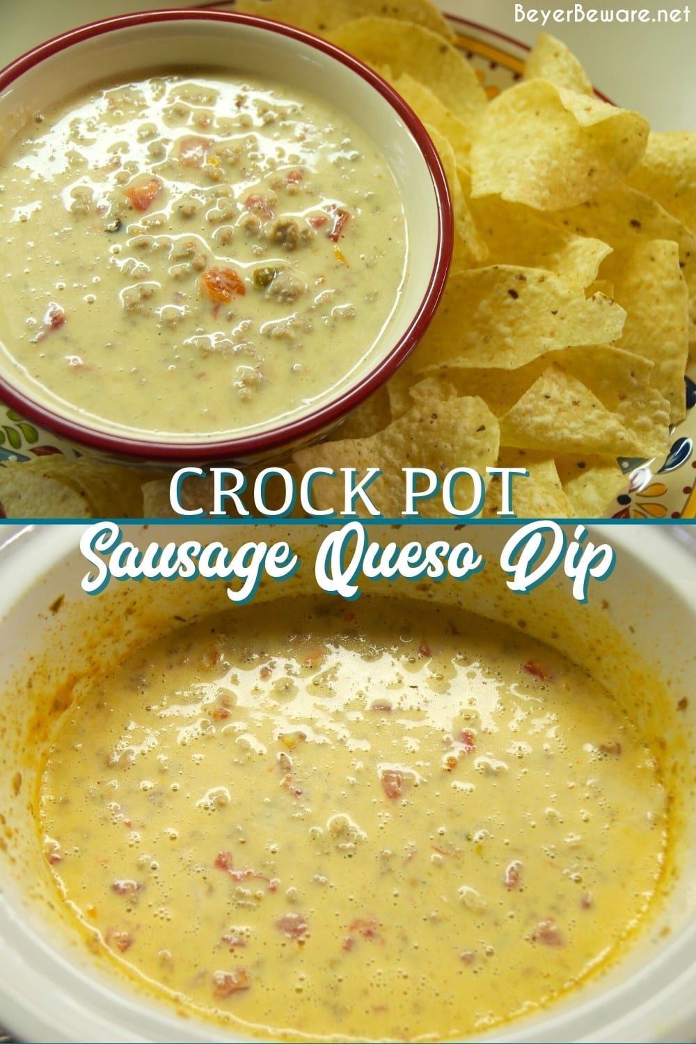 Crock Pot Sausage Queso dip easy 3-ingredient cheesy sausage Rotel ...