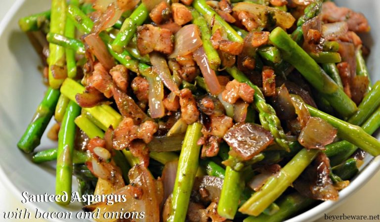 A quick sauteed asparagus with bacon and onions recipe is the perfect side dish with fresh spring asparagus.