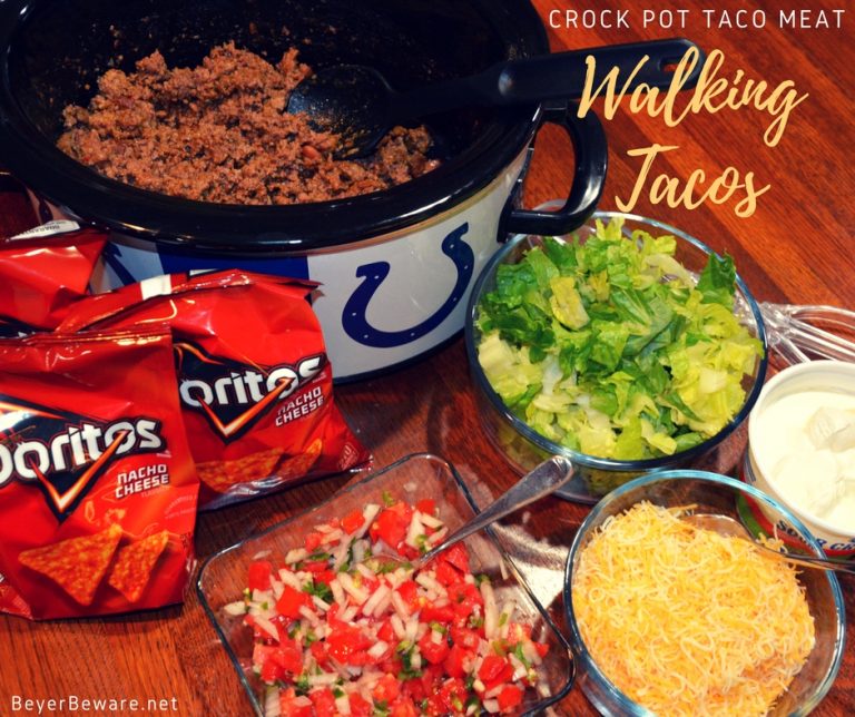 Whether it is a week night, a tailgate or a county fair, walking tacos are always a hit. Making the crock pot taco meat walking tacos just makes life simpler when you really do need to eat on the go.