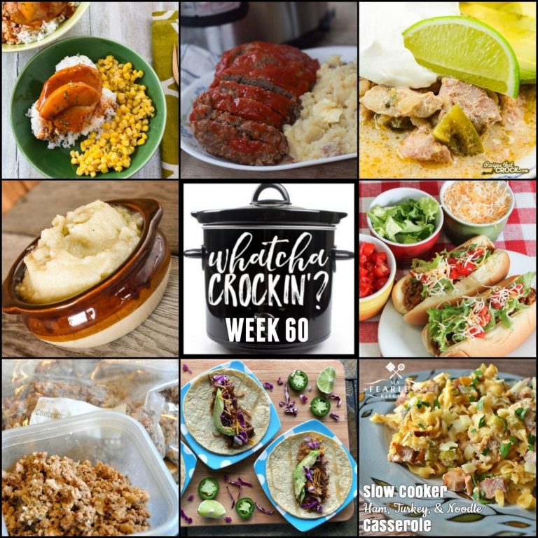 This week’s Whatcha Crockin’ crock pot recipes include Instant Pot Meatloaf and Mashed Potatoes, Slow Cooker Ham, Turkey and Noodle Casserole, Crock Pot Spiced Peach Pork Chops, Crock Pot Taco Joes, Instant Pot Low-Carb Mashed Cauliflower, Crock Pot Pork Chile Verde, Crock Pot Ground Beef and more!