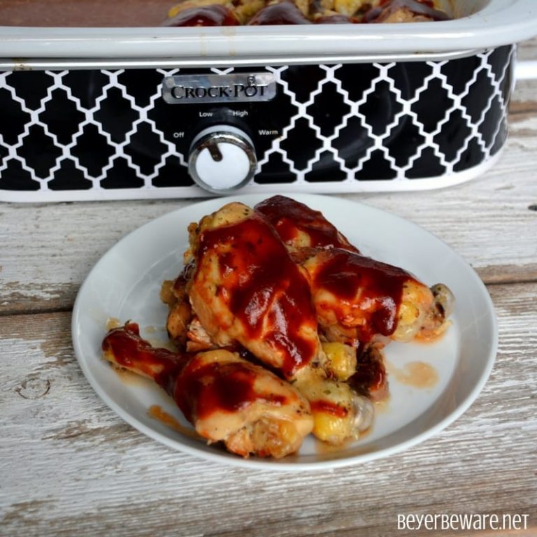 Crock Pot BBQ Ranch Chicken Legs is a simple three ingredient chicken recipe that cooks in the casserole crock pot in three hours. #CrockPot #ChickenRecipes #ChickenLegs