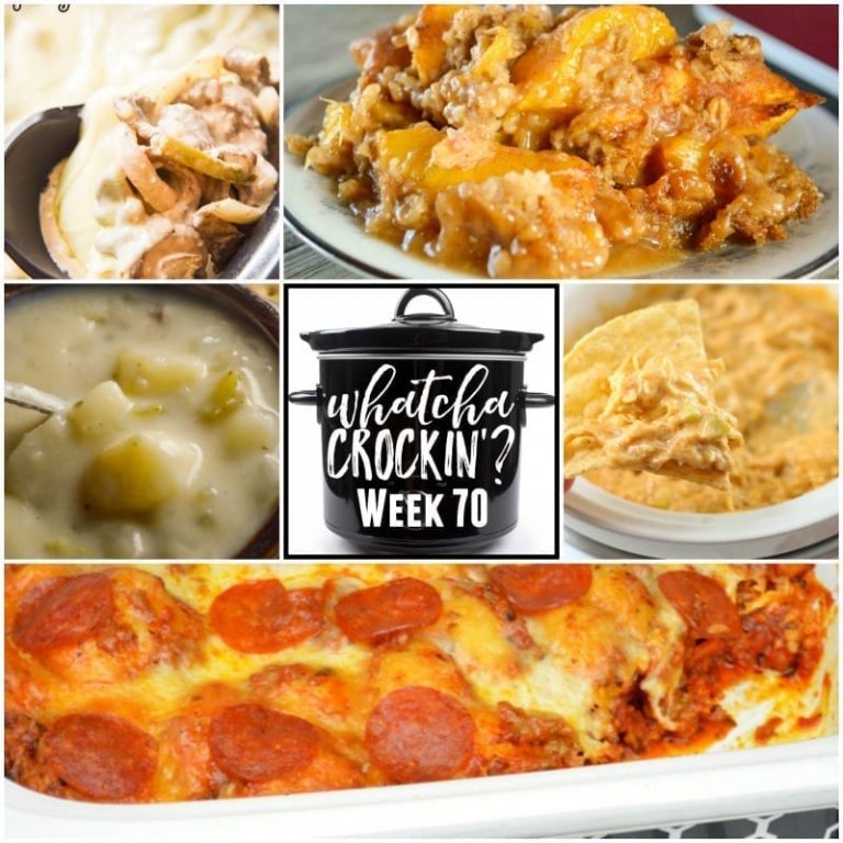 This week’s Whatcha Crockin’ crock pot recipes include Crock Pot Peach Cobbler, Crock Pot Chicken Enchilada Dip, Pressure Cooker Potato Soup, Crock pot Philly Cheese Steak Casserole, Crock Pot Bubble Up Pizza Casserole, Slow Cooker Ranch and Veggie Casserole, Slow Cooker Chicken and Mushroom Soup and more!