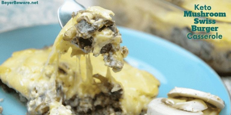 Keto Mushroom Swiss Burger Casserole recipe is a simple low carb ground beef casserole combining hamburger, swiss cheese, mushrooms and baked for 20 minutes. #keto #LowCarb #GroundBeef #Burger #Casserole #Hamburger #Beef #KetoRecipes