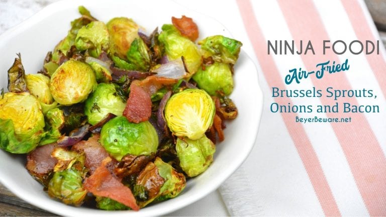 Ninja Foodi Brussels Sprouts, onions, and bacon are a quick air fryer Brussels sprouts side dish that is great for keto dieters.