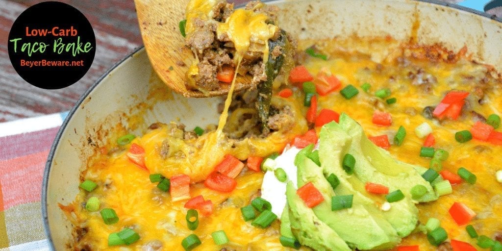 Low-Carb Taco Bake combines the favorite flavors of Mexican food in one pan for a meal that is baked to a flavorful and cheesy keto taco casserole. #LowCarbTaco #LowCarb #Keto #TacoBake #Taco #GroundBeef #MexicanFood