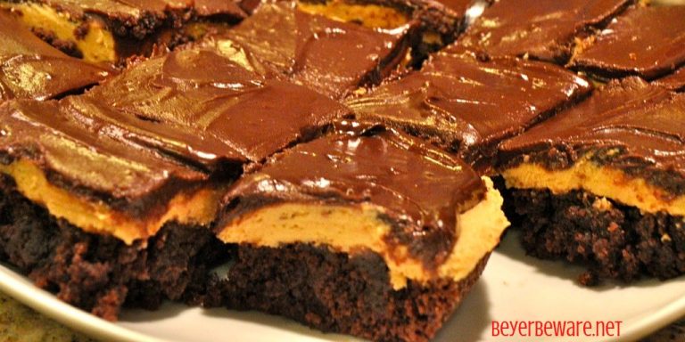 Buckeye brownies are a basic boxed brownie mix topped off with a smooth and creamy peanut butter frosting and chocolate ganache.