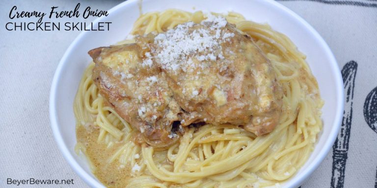 Creamy French onion chicken skillet has a base of caramelized onions used to add extra flavor to boneless, skinless chicken thighs and simmered together with cream to make an easy chicken dinner. #Skillet #Chicken #FenchOnion #Recipes #DinnerIdeas