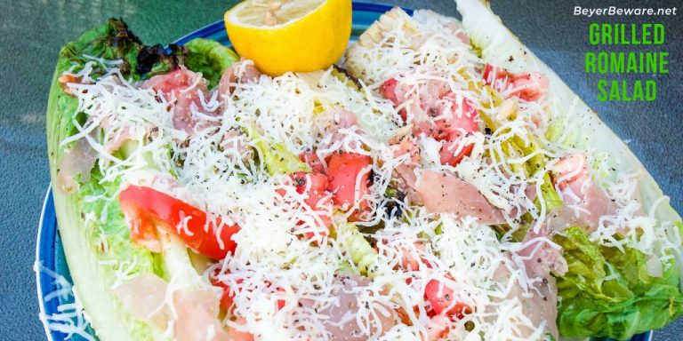 Grilled romaine salad topped with prosciutto, tomatoes, cheese and lemon juice & olive oil is the perfect BBQ side dish all summer long. #Salad #Grilling #lettuce #sidedish #Recipes