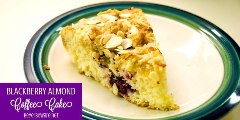 Blackberry almond coffee cake is a simple coffee cake recipe using buttermilk and almond flavorings for a moist and flavorful coffee cake that could easily pass as a dessert too. #Coffeecake #Blackberries #Cake #Almond