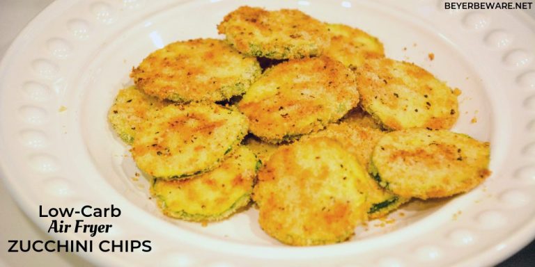 Low-Carb Air Fryer Zucchini Chips are made with sliced zucchini, almond flour, parmesan cheese, steak seasoning and eggs and ready in 10 minutes in the Ninja Foodi or air fryer.