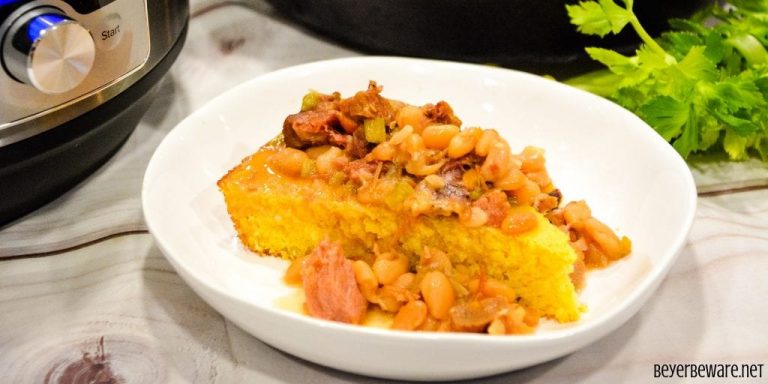 Instant Pot Ham and Beans served over freshly baked cornbread is the ultimate comfort food made in just a fraction of the time compared to a slow cooker.