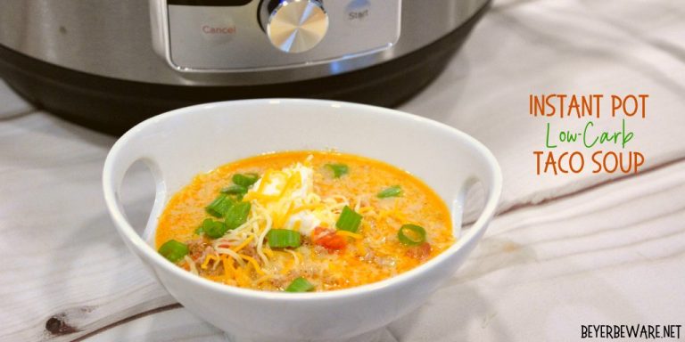 Instant Pot Low-Carb Taco Soup is a simple 5 ingredient taco soup that is done in under 30 minutes and is one of our favorite keto soup recipes.