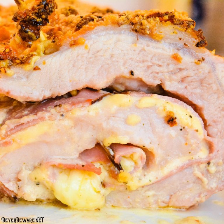 Cordon bleu pork loin recipe is stuffed full of ham and swiss cheese rolled up in a creamy mustard sauce and encrusted in a parmesan crust. 