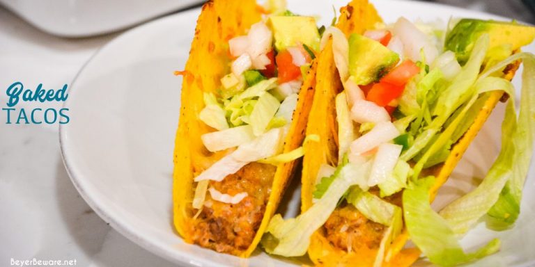 Creamy ground beef baked tacos are made with corn or flour shells, ground beef, taco seasoning, cream cheese, and salsa before topping with shredded cheese.