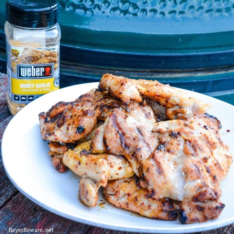 Grilled chicken no longer has to be dry and tough with this simple method for how to make the best grilled chicken recipe with boneless, skinless chicken thighs and honey garlic seasoning.