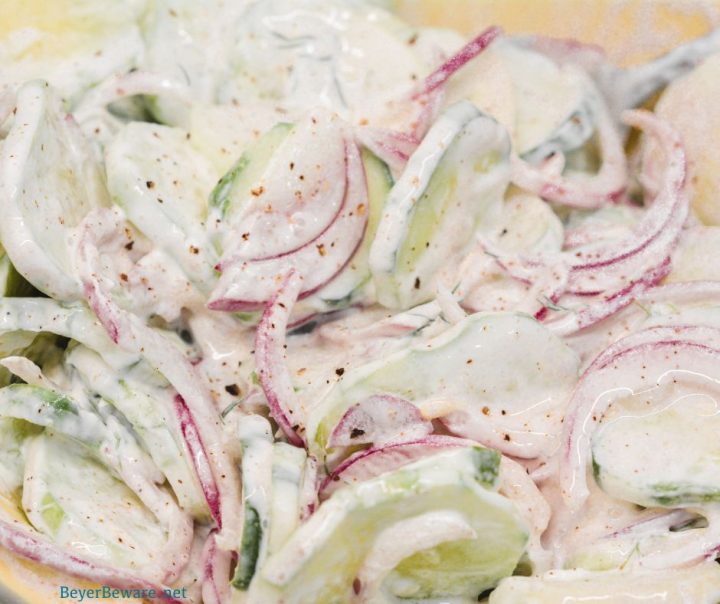 Cucumbers and sour cream salad is a creamy cucumber salad that is tangy with a hint of spice from the combination of cucumbers, onions, sour cream, hot sauce, dill weed, and vinegar.
