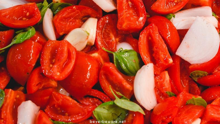 Tomato basil sauce is easy to make by oven roasting the tomatoes, garlic, onions, basil, and olive oil before pureeing into the sauce.