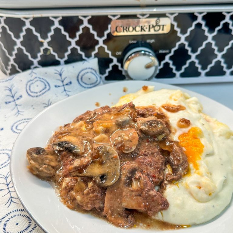 Crock Pot Salisbury Steaks made with frozen hamburger patties and French onion soup are the perfect solution for an effortless meal.