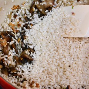 To the Dutch oven with the mushrooms, add the Arborio rice. Stir to coat the rice in the oil and cook for 1-2 minutes until the edges of the rice become translucent.