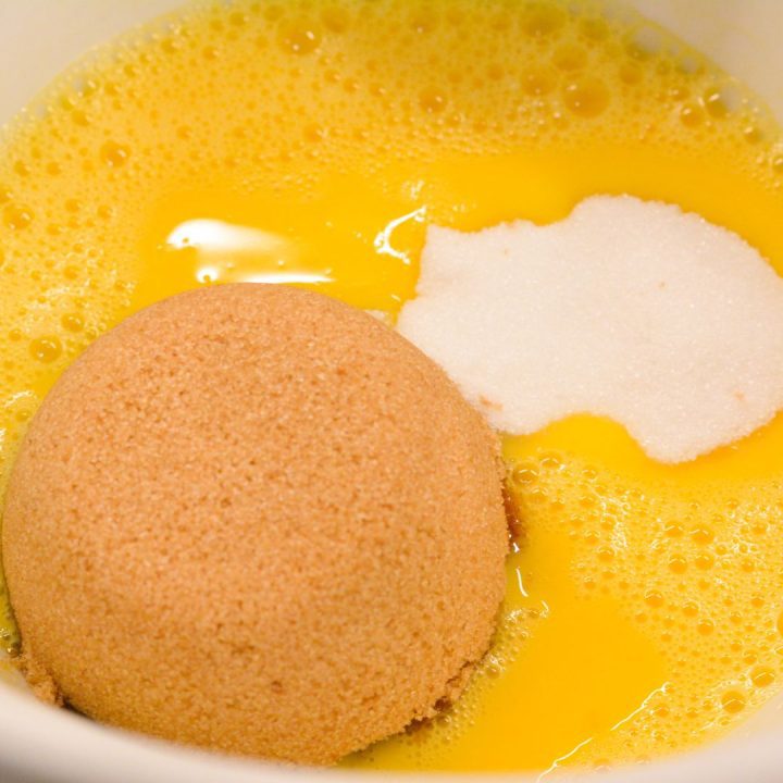 Combine the eggs and sugars in a large bowl and mix together using a hand mixer or stand mixer.