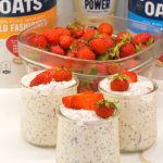 Strawberry cheesecake overnight oats will become your new morning favorite and can be made in 5 minutes with oats, fresh strawberries, power core vanilla protein milk, and cream cheese.