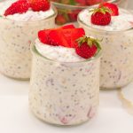 Strawberry cheesecake overnight oats will become your new morning favorite and can be made in 5 minutes with oats, fresh strawberries, power core vanilla protein milk, and cream cheese.