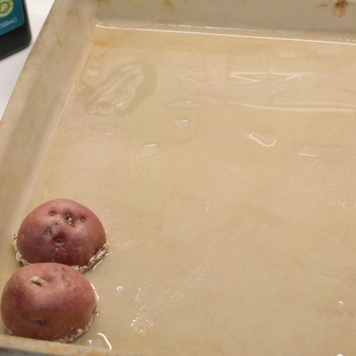 Place the potatoes cut side down on the prepared baking sheet. Make sure they’re spaced apart so they crisp up nicely.