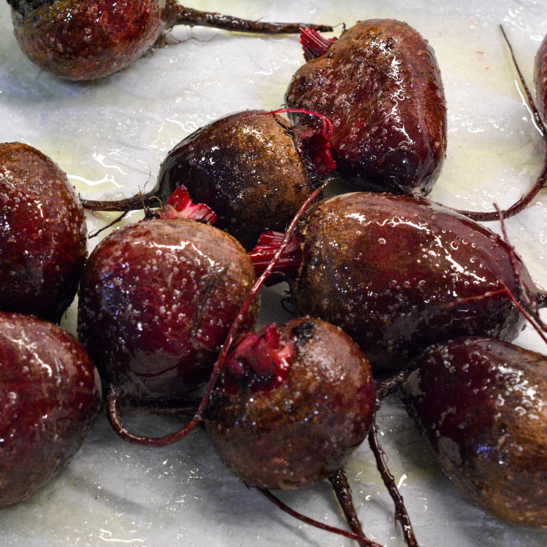 Place the dish or sheet in the preheated oven. Roast for a cook time of 45 minutes to 1 hour, depending on the size of the beet pieces. Check for doneness by inserting a fork or knife; the beets should be tender.