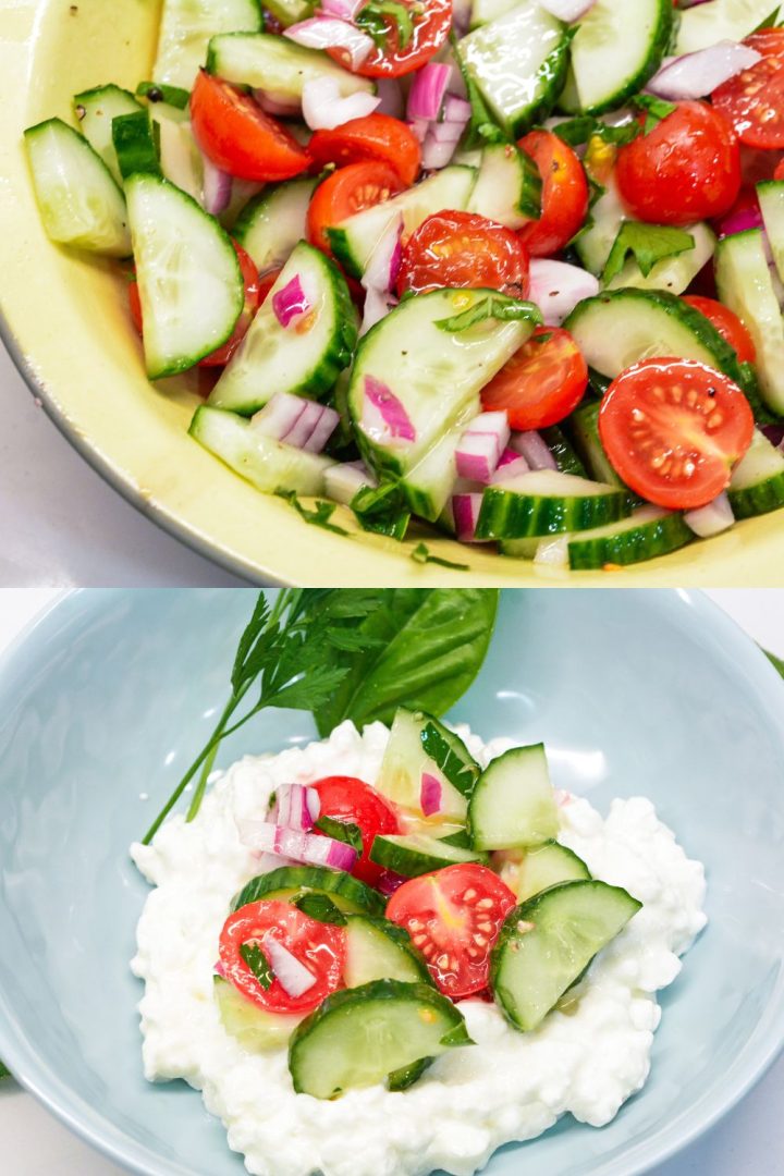 Cucumber and tomato salad is the perfect summer salad with homemade dressing that can be a high protein cucumber, tomato, and onion salad with cottage cheese.