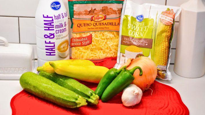 zucchinis

yellow squashes

fresh or frozen corn kernels

jalapeño

onion

garlic cloves

Cream

shredded cheese (Queso Quesadilla, Cheddar, Monterey Jack, or a Mexican blend)

olive oil

Salt and pepper to taste

Fresh cilantro for garnish (optional)