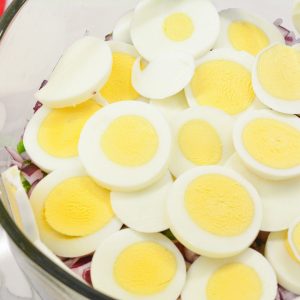 Follow up the peas and onions with the hard-boiled eggs.