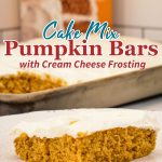 Moist, spiced, and topped with the creamiest frosting, these cake mix Pumpkin Bars with cream cheese frosting are a must-try fall dessert! Made with pumpkin puree and a box of spice cake mix, they’re simple to whip up and perfect for any gathering. Baked in a 10x15-inch pan for the ideal shareable treat.