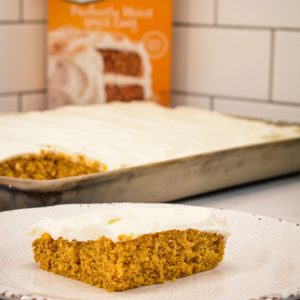 Moist, spiced, and topped with the creamiest frosting, these cake mix Pumpkin Bars with cream cheese frosting are a must-try fall dessert! Made with pumpkin puree and a box of spice cake mix, they’re simple to whip up and perfect for any gathering. Baked in a 10x15-inch pan for the ideal shareable treat.