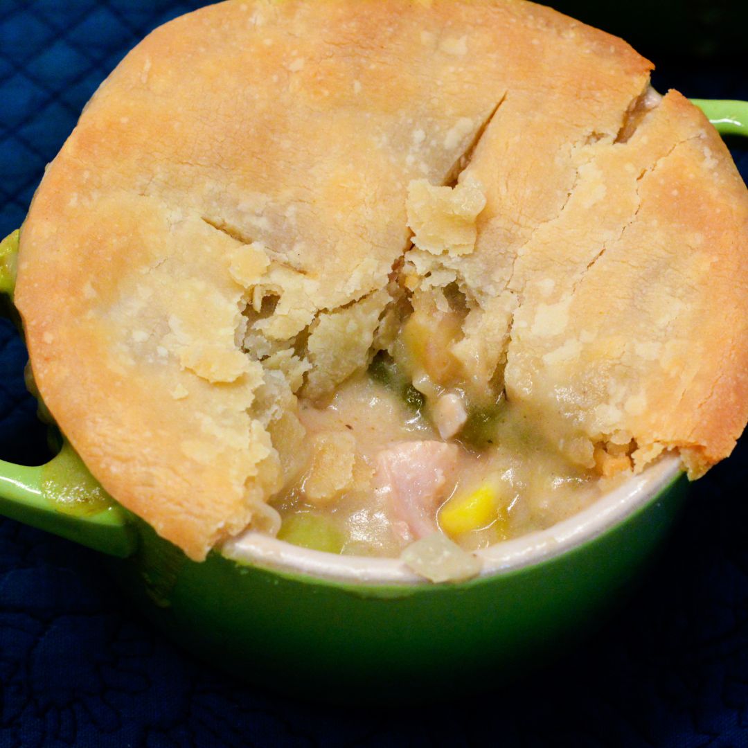 Mini turkey pot pie recipe with leftover turkey, corn, and green bean casserole. Quick, easy, and perfect for a comforting meal.