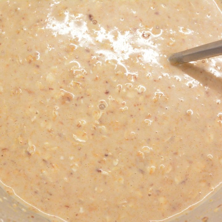 Once completely incorporated, let the peanut butter overnight oats sit for a few minutes before transferring to jars or containers with sealing lids.