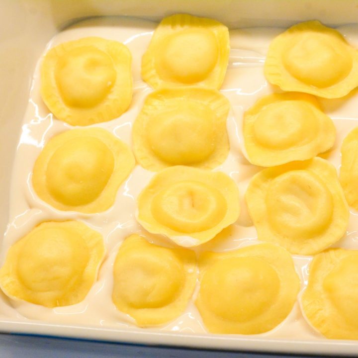 Line the ravioli over the alfredo sauce in a single layer.